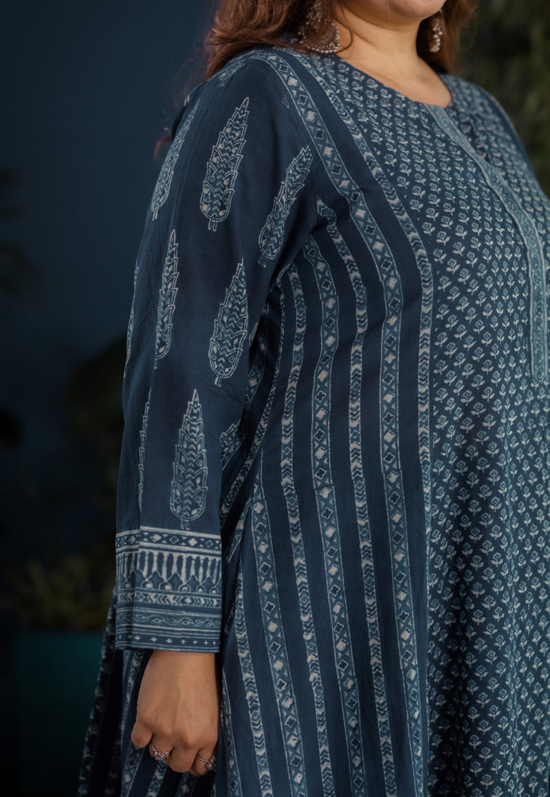 Hitika Blue Ajrakh Cotton Kali Kurta