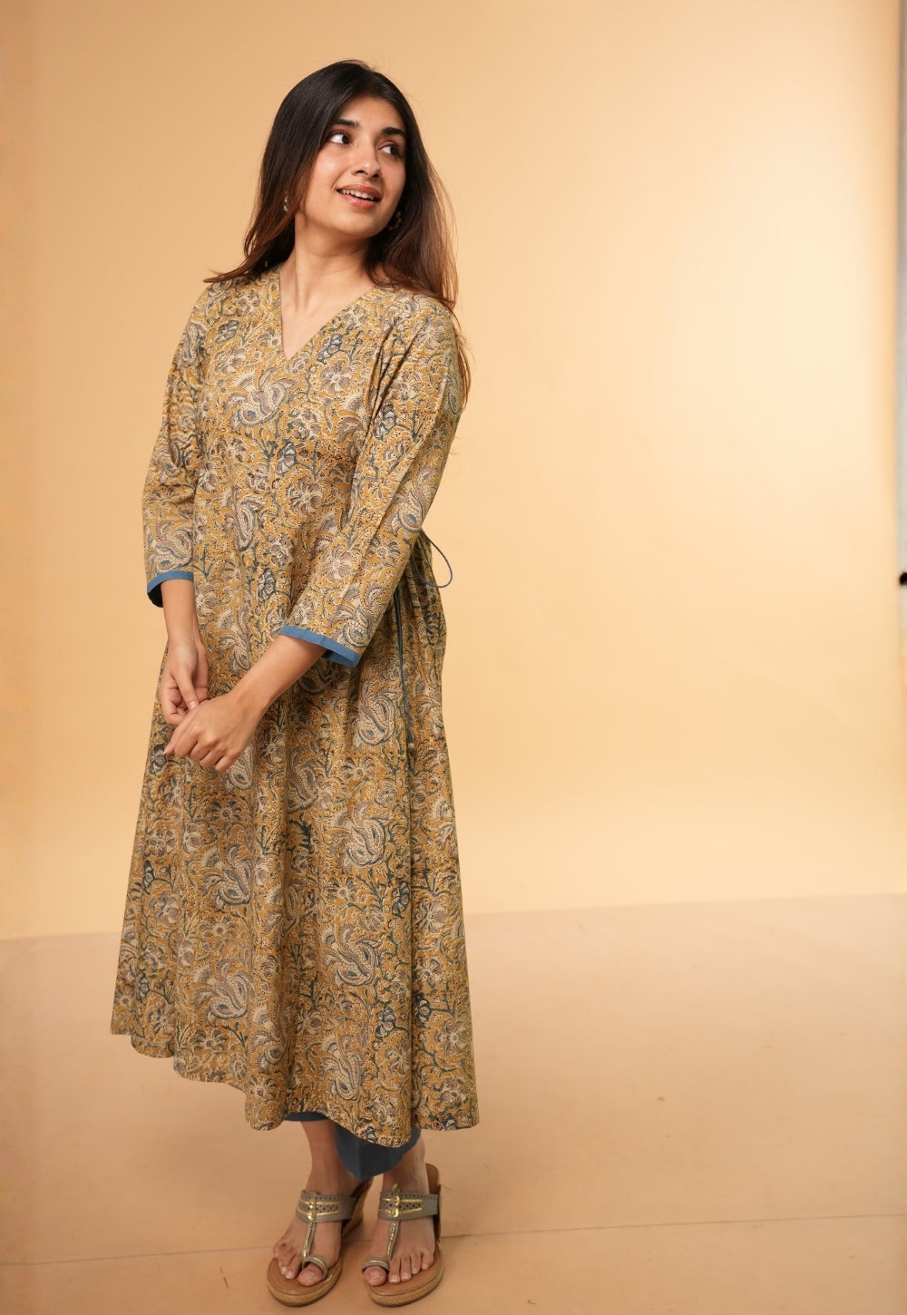 Gazala Yellow Kalamkari Cotton Kali Kurta