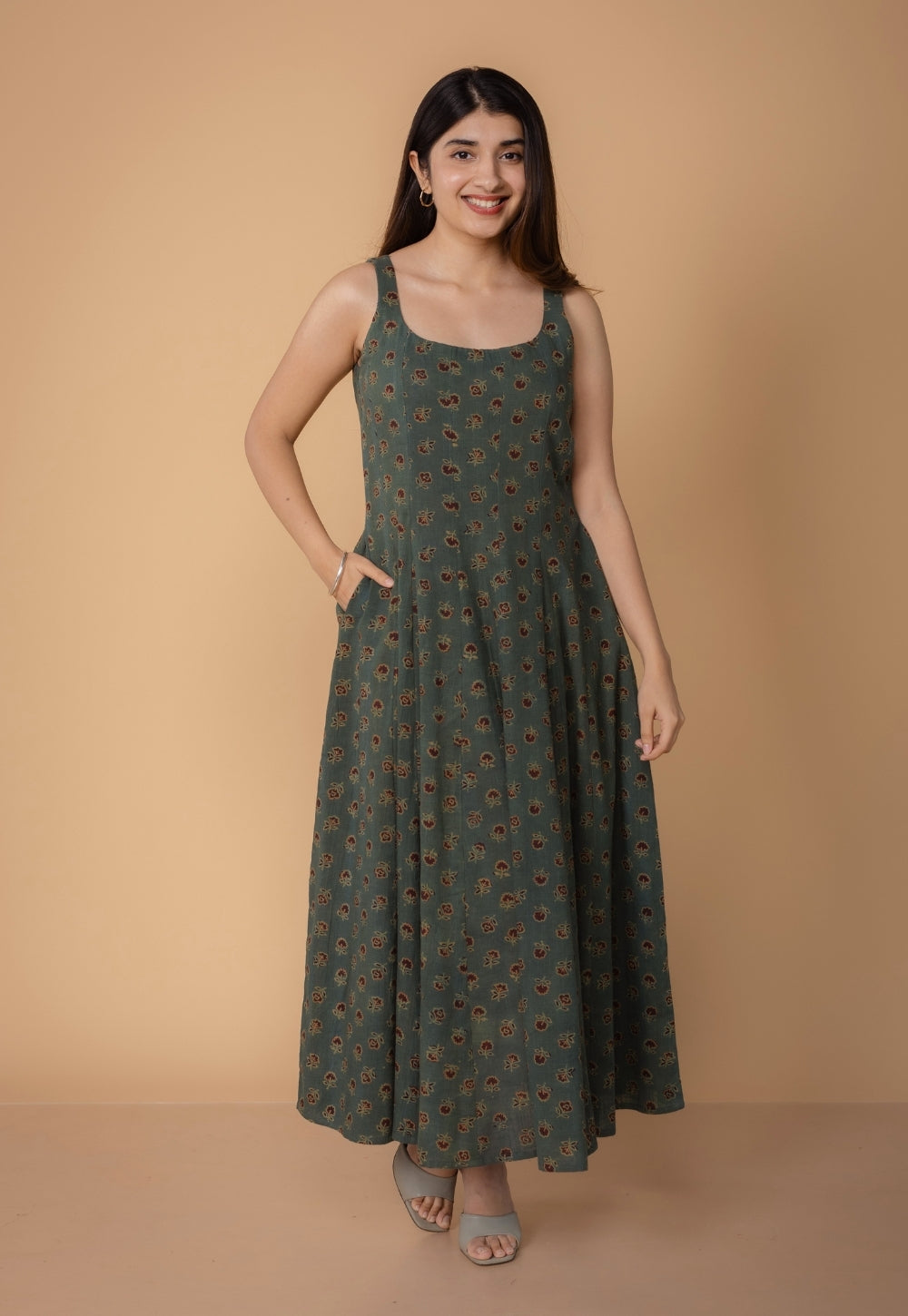 Jisha Green Dabu Slub Cotton A Line Dress