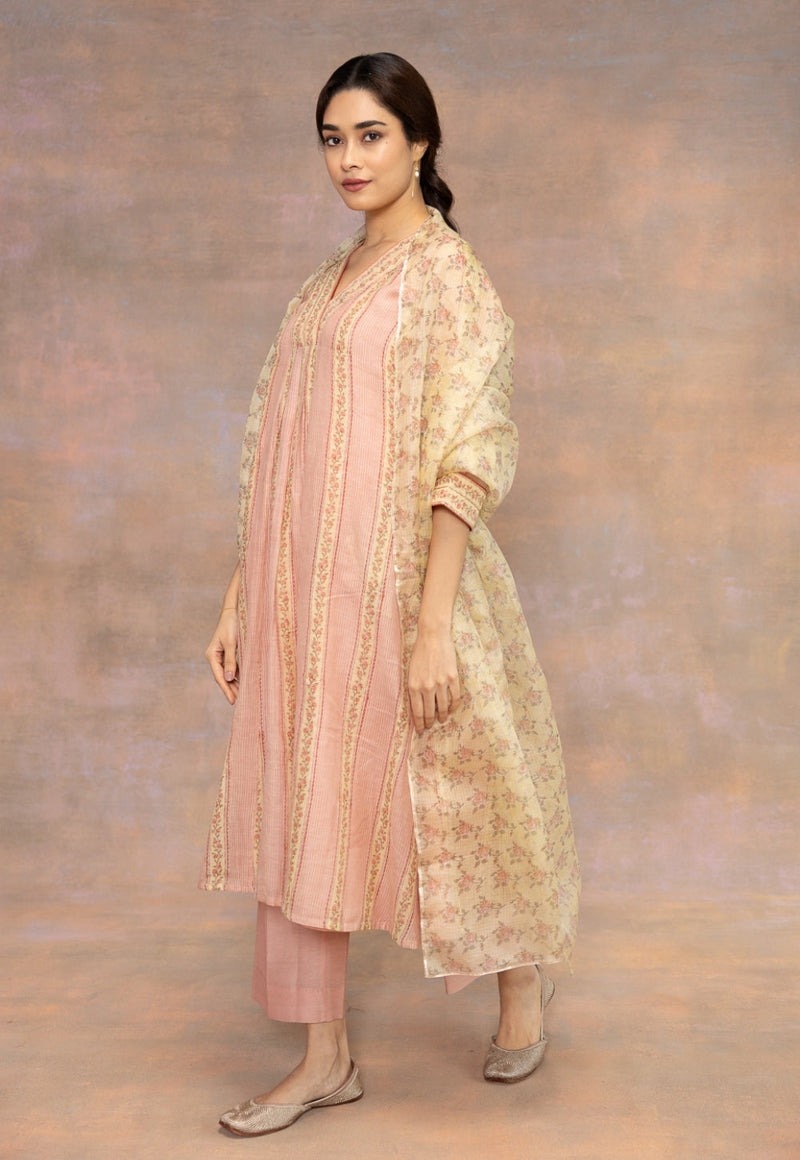 Rozhira Pink Sanganeri Chanderi Silk A Line Kurta with Lace Detailing