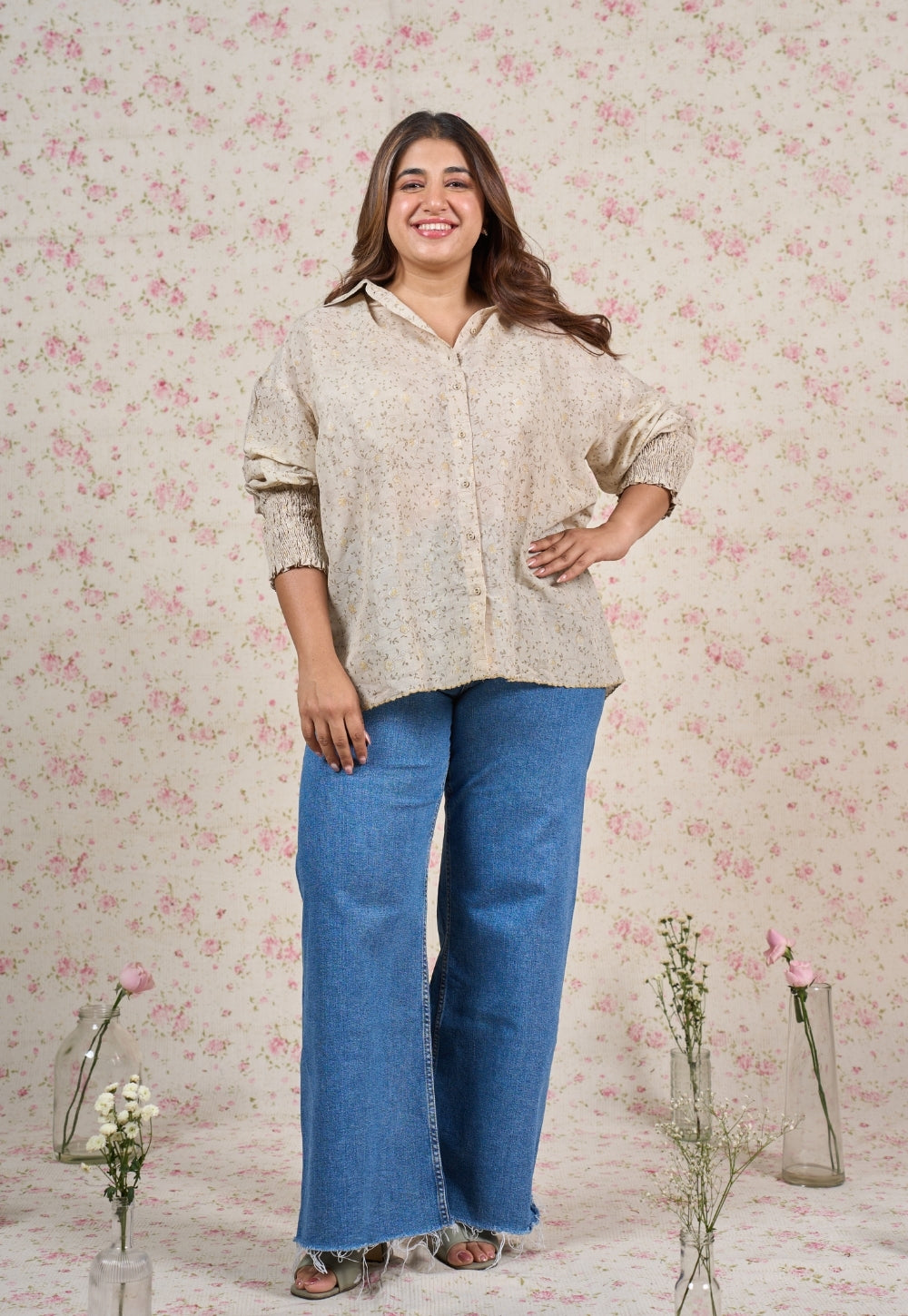 Mia Grey Sanganeri Mul Cotton Straight Shirt with Embroidery