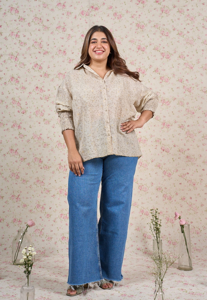 Mia Grey Sanganeri Mul Cotton Straight Shirt with Embroidery