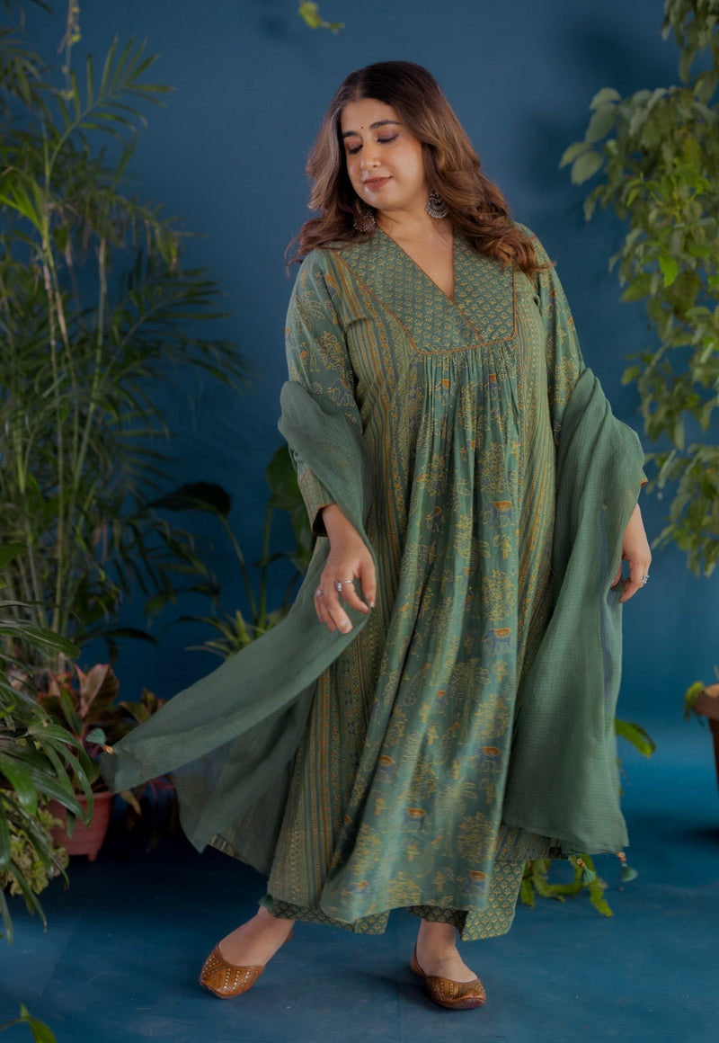 Vrinda Green Ajrakh Cotton Kali Kurta