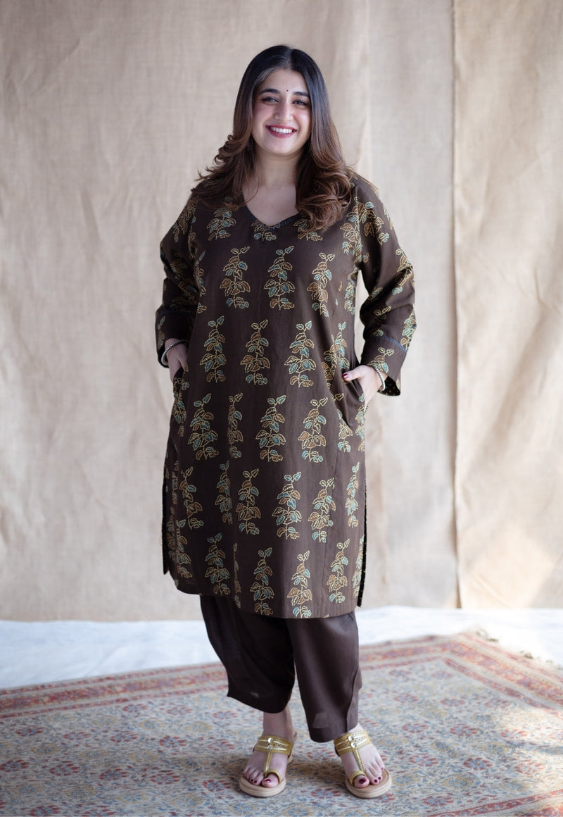 Saisha Brown Ajrakh Cotton Jhabbha Kali Kurta with Hand Embroidery
