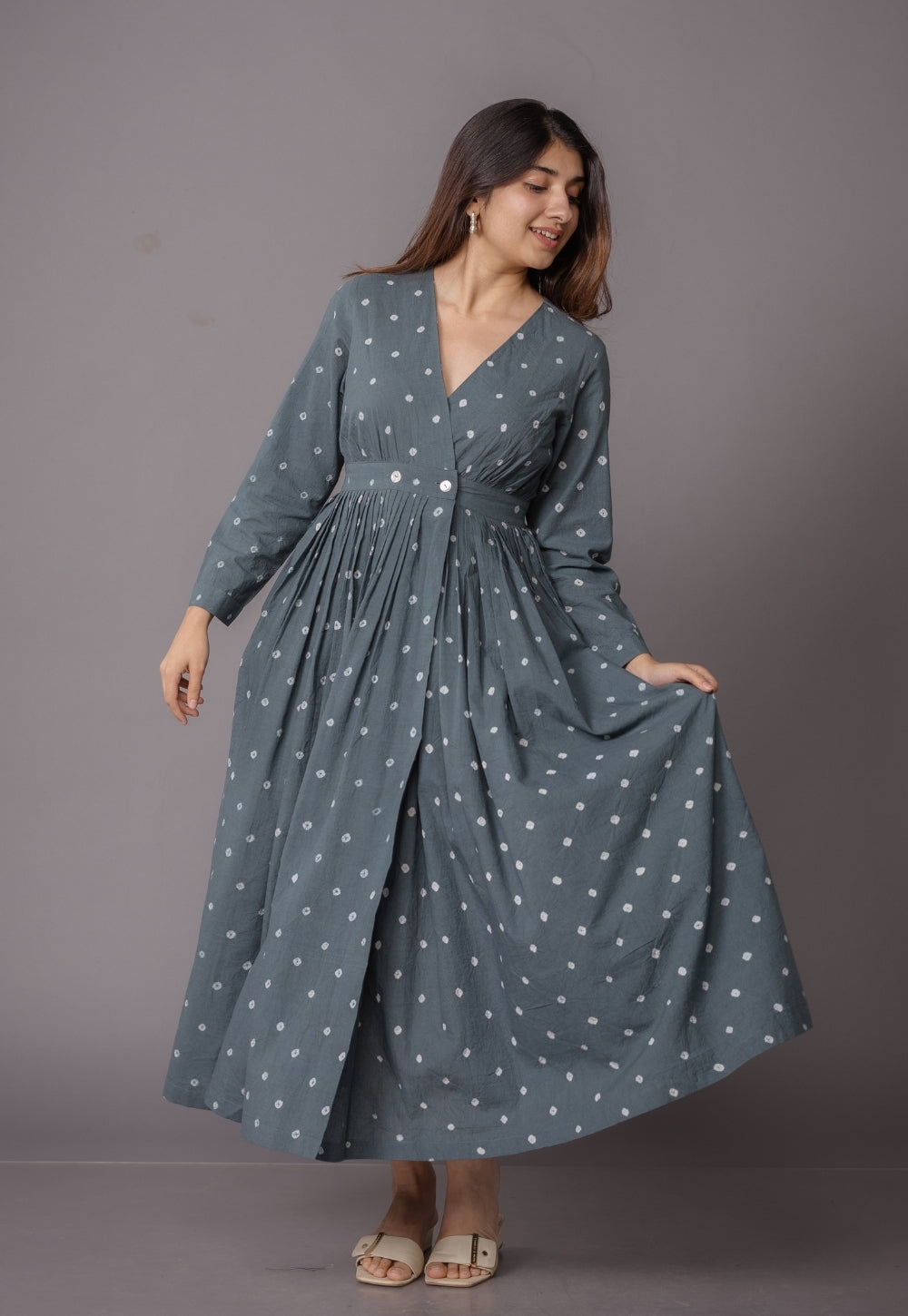 Kimaya Grey Bandhani Cotton A Line Dress