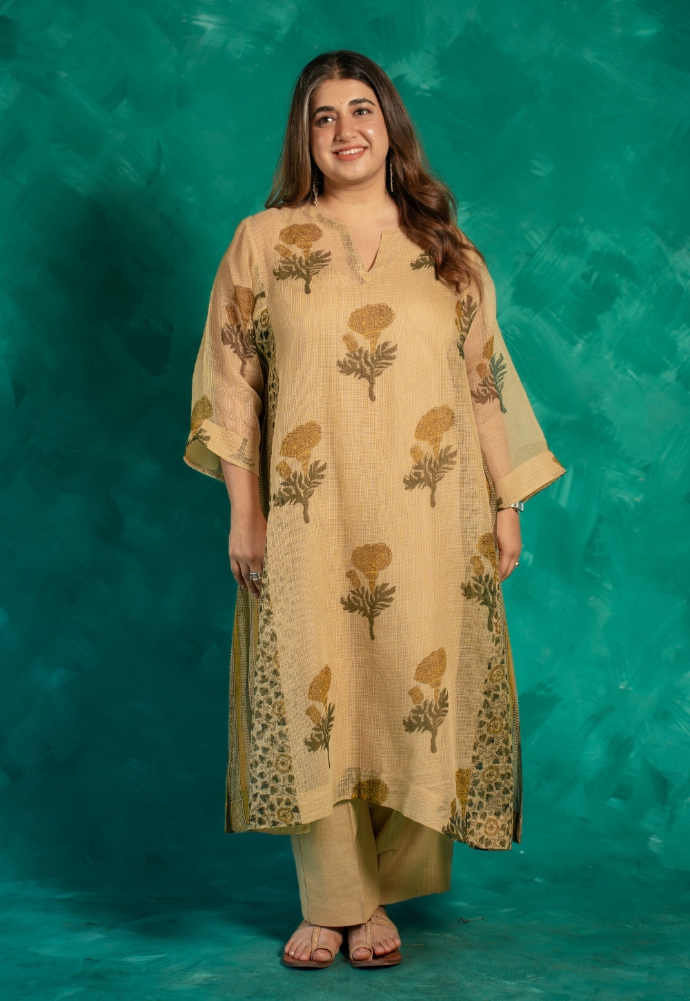 Nyra Beige Bagru Kota Doria Cotton Jhabbha Kali Kurta with Slip