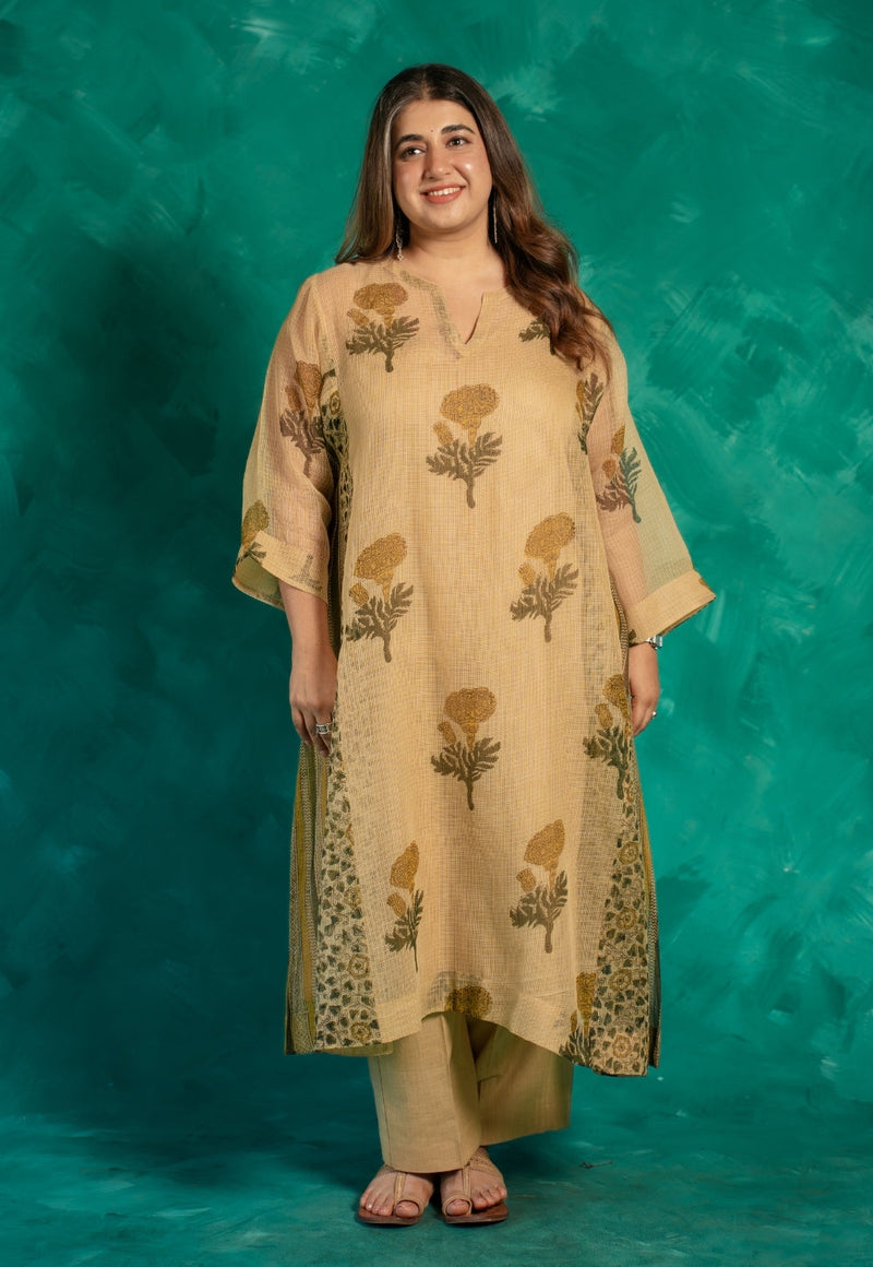 Nyra Beige Bagru Kota Doria Cotton Jhabbha Kali Kurta with Slip