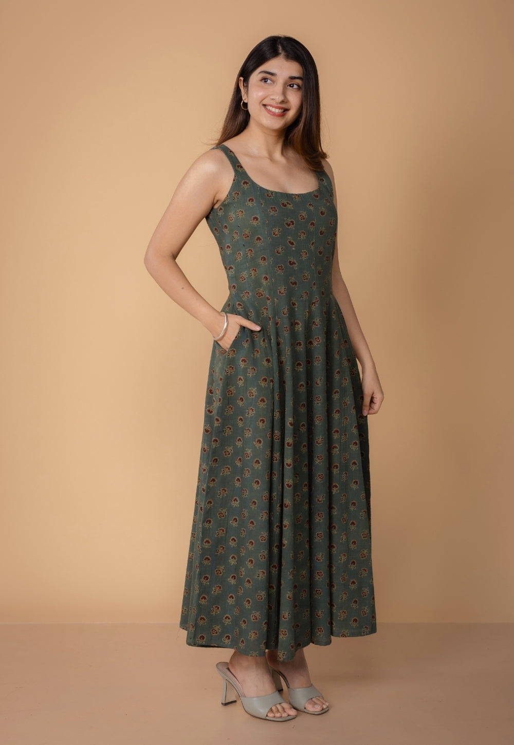 Jisha Green Dabu Slub Cotton A Line Dress