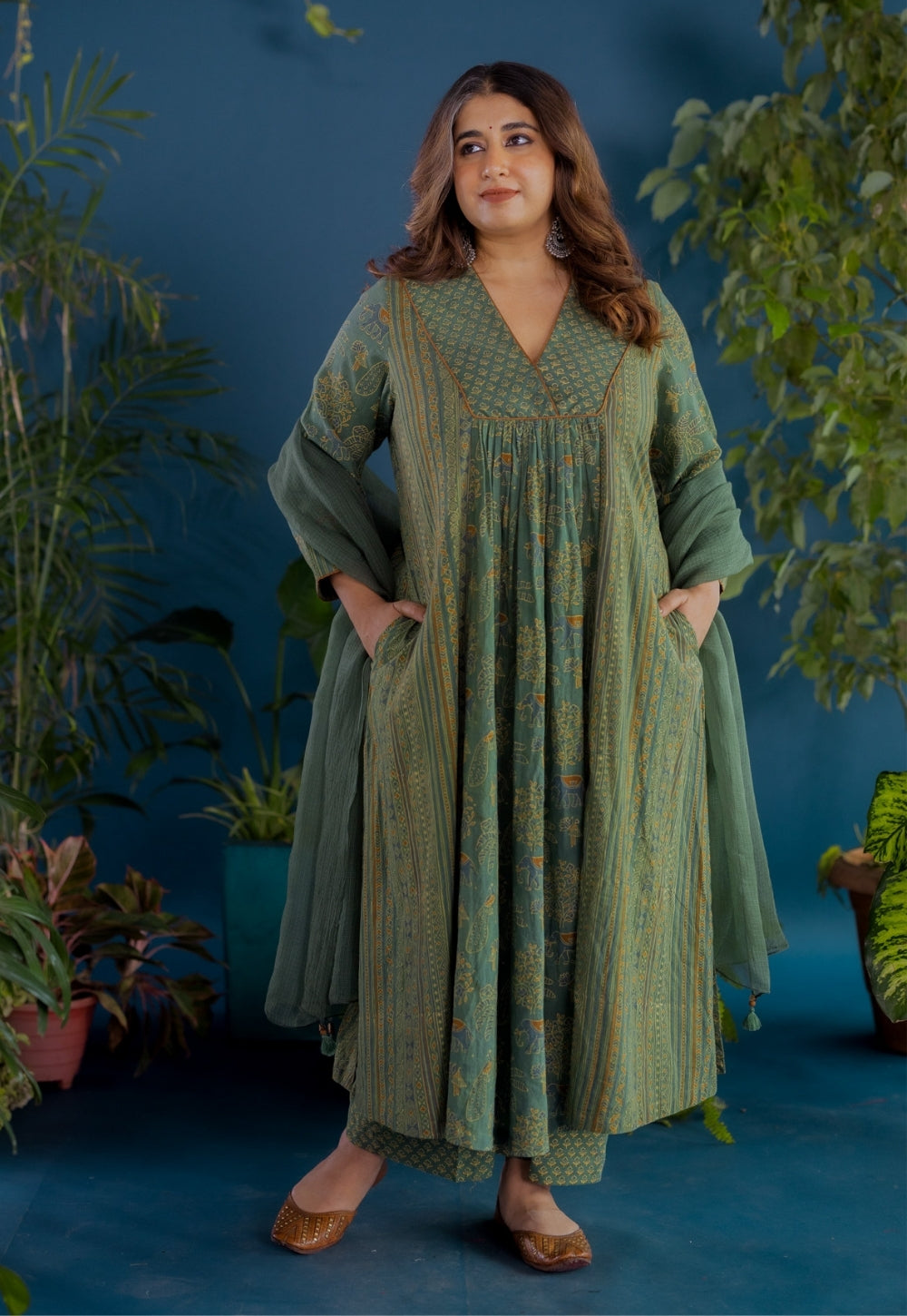 Vrinda Green Ajrakh Cotton Kali Kurta