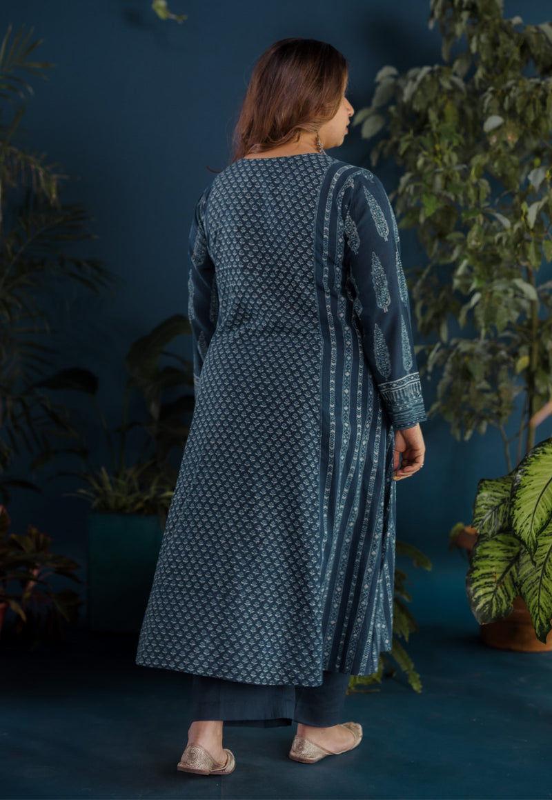 Hitika Blue Ajrakh Cotton Kali Kurta