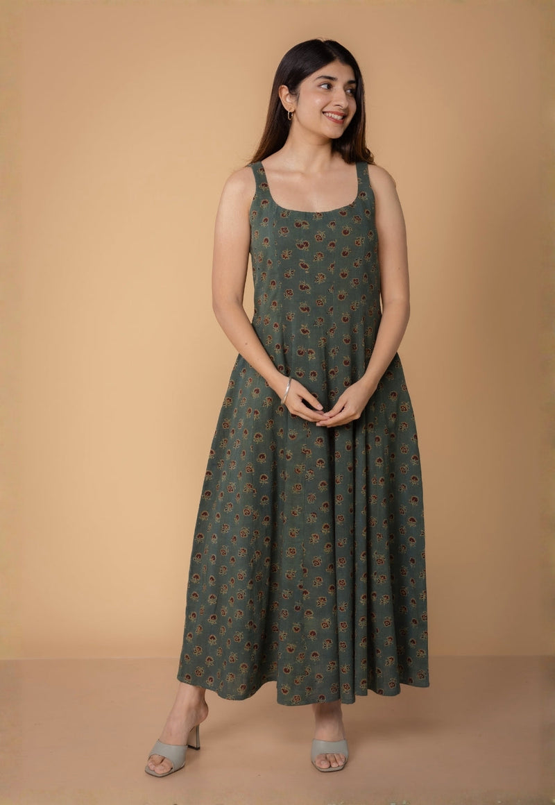 Jisha Green Dabu Slub Cotton A Line Dress