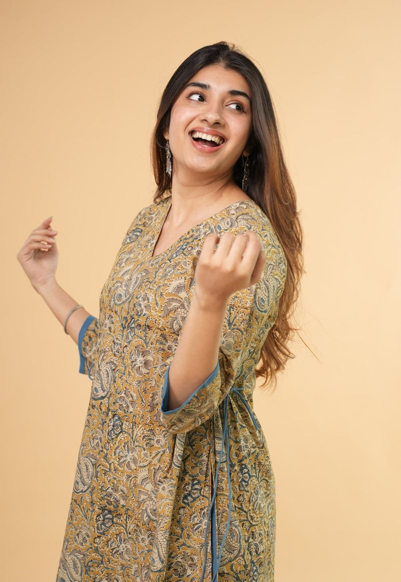 Gazala Yellow Kalamkari Cotton Kali Kurta