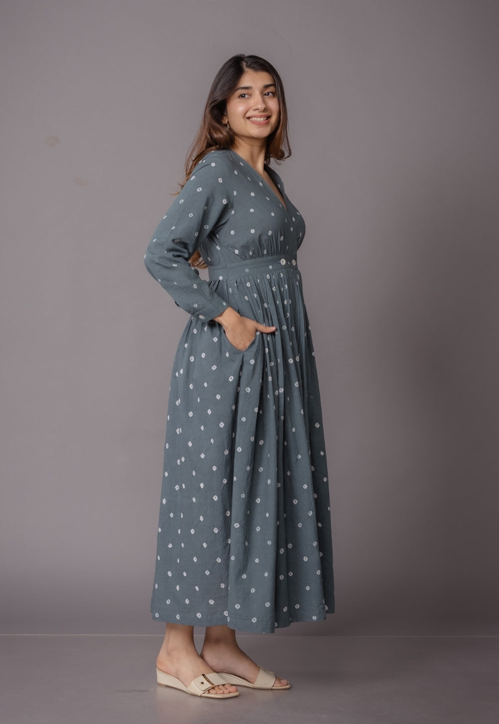 Kimaya Grey Bandhani Cotton A Line Dress