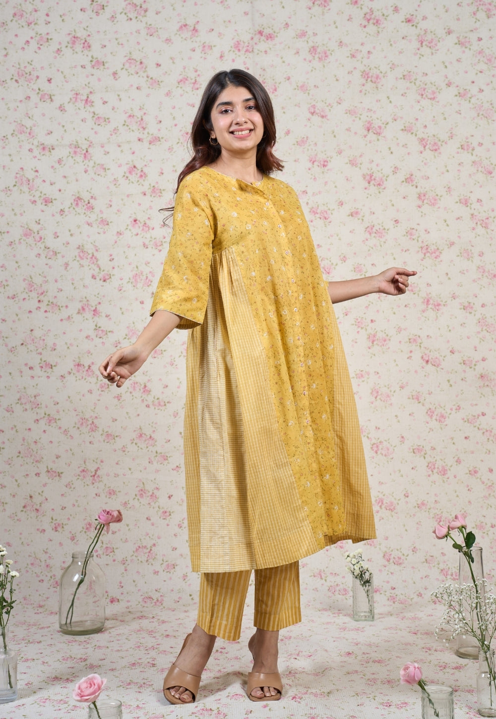Olivia Yellow Sanganeri Mul Cotton Kali Kurta