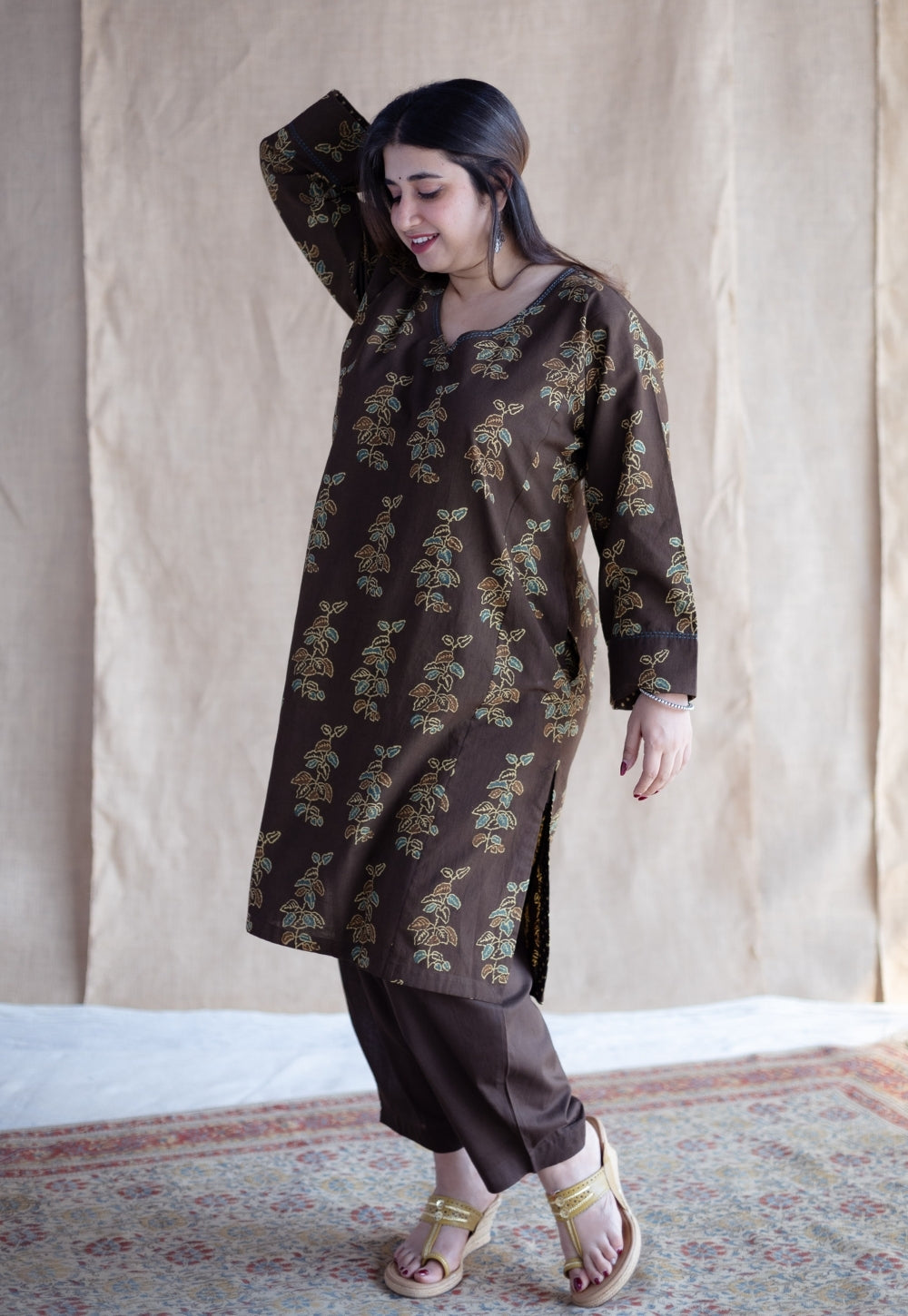Saisha Brown Ajrakh Cotton Jhabbha Kali Kurta with Hand Embroidery