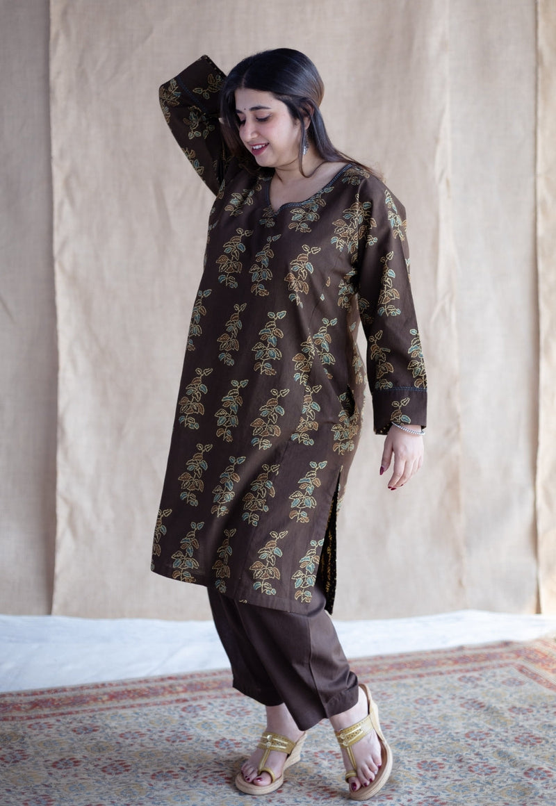 Saisha Brown Ajrakh Cotton Jhabbha Kali Kurta with Hand Embroidery