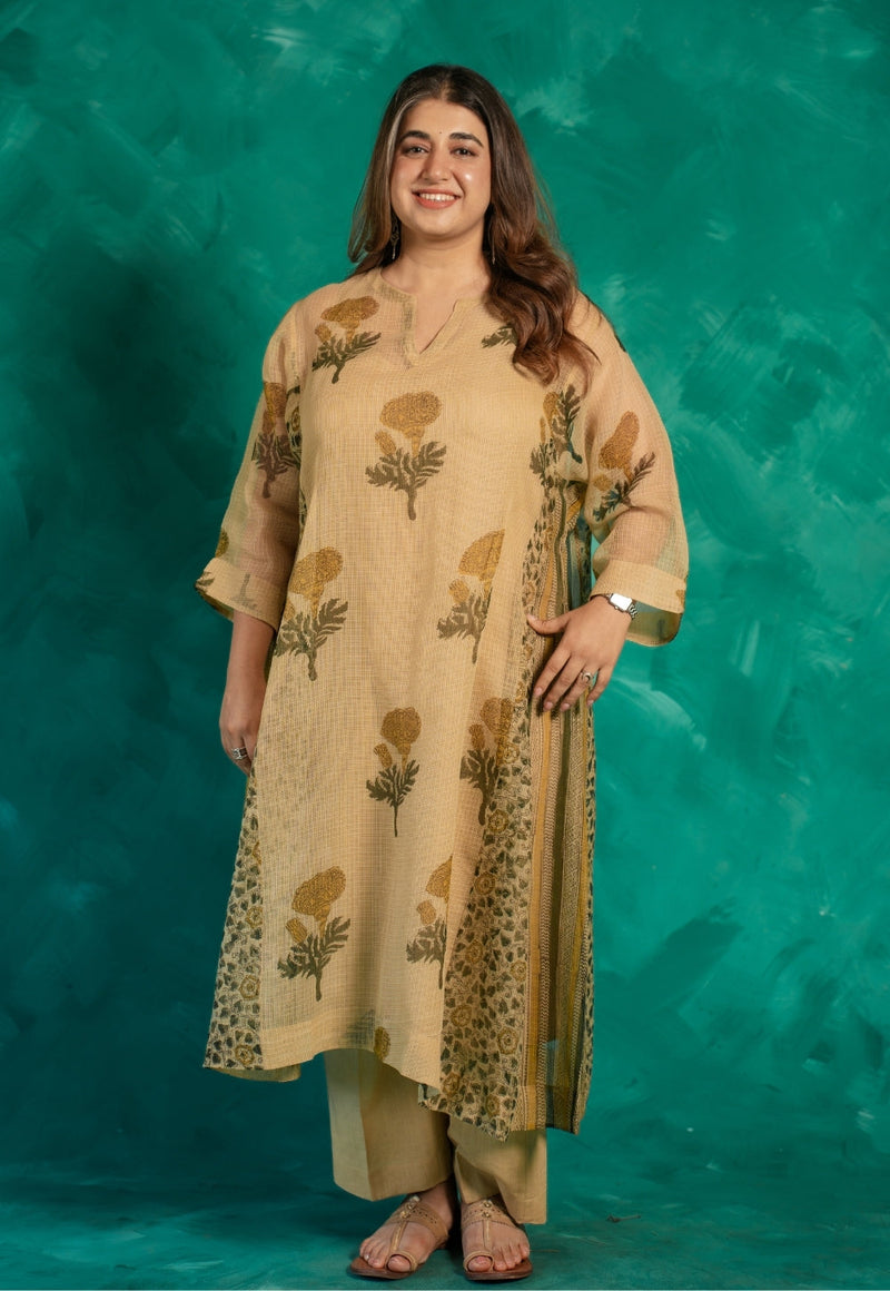 Nyra Beige Bagru Kota Doria Cotton Jhabbha Kali Kurta with Slip