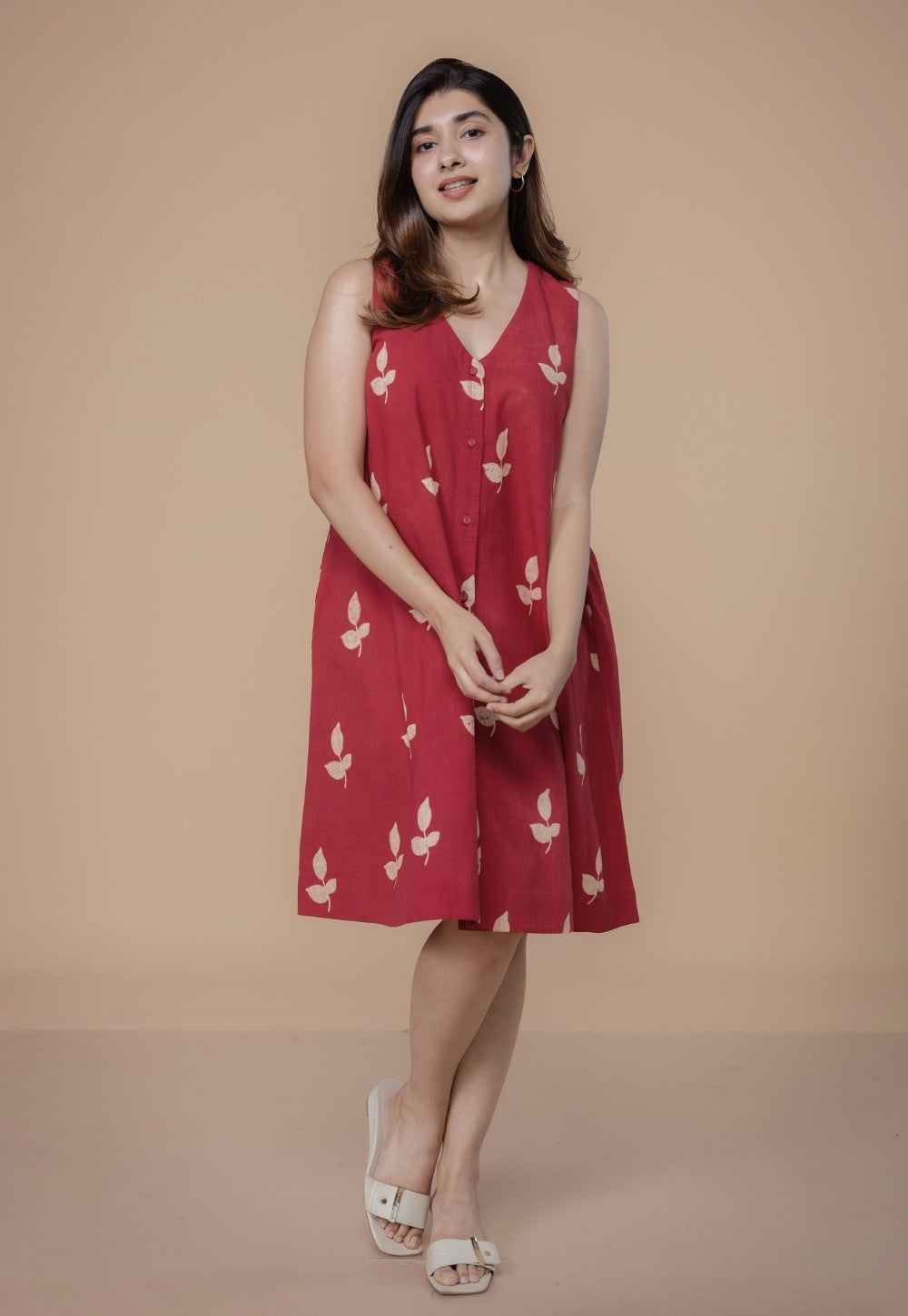 Siaa Red Dabu Slub Cotton A Line Dress