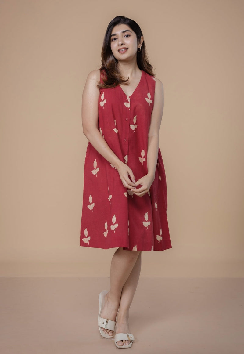 Siaa Red Dabu Slub Cotton A Line Dress
