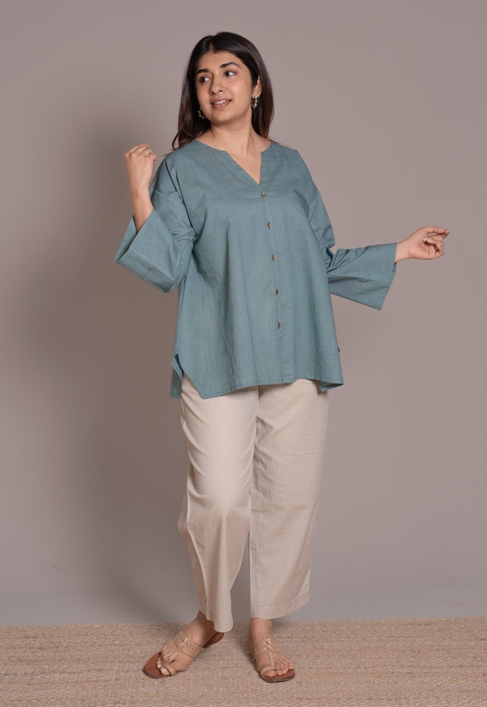 Light Blue Solid Slub Cotton Straight Short Top - DyeVerse
