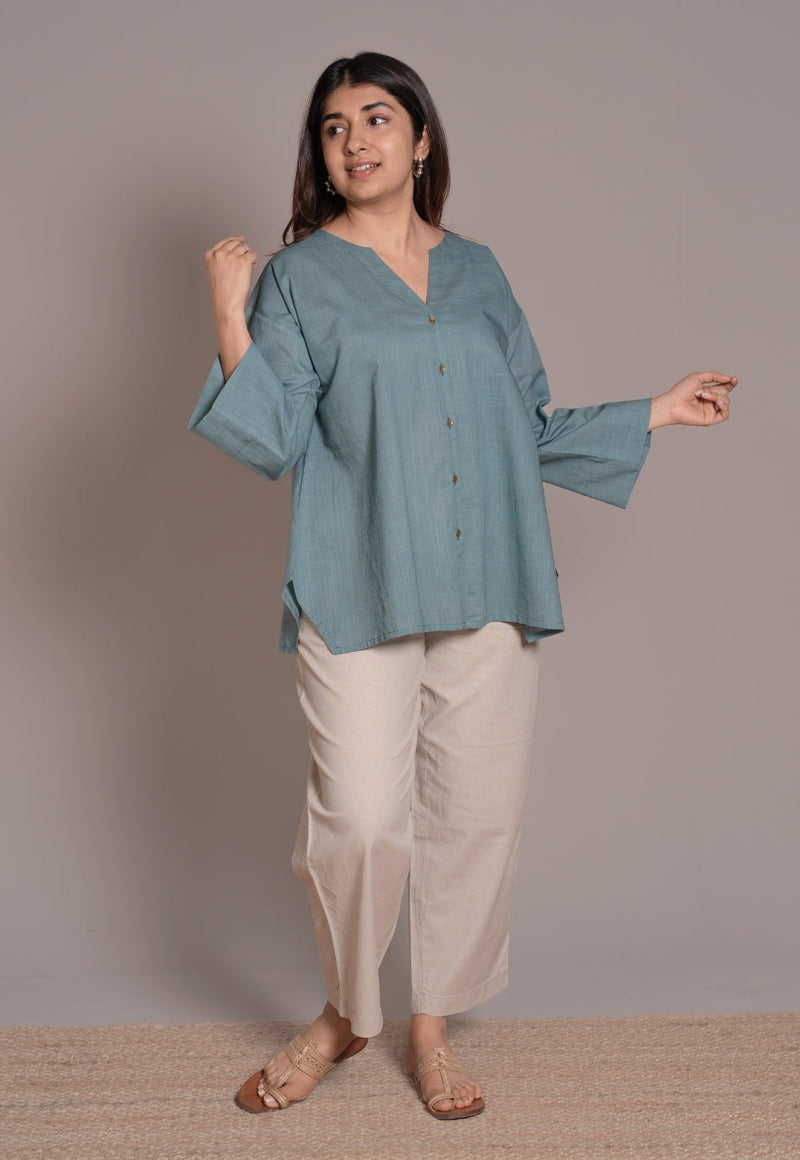 Light Blue Solid Slub Cotton Straight Short Top - DyeVerse