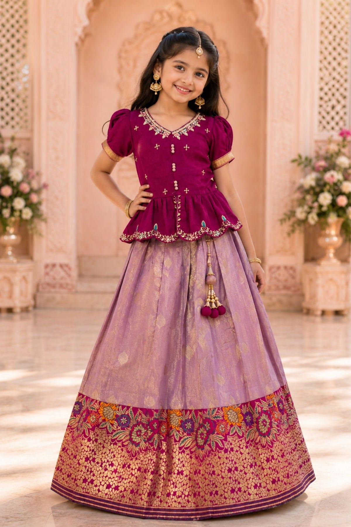 Wine Embroidered Pattu Pavadai Set with Zari Work For Girls