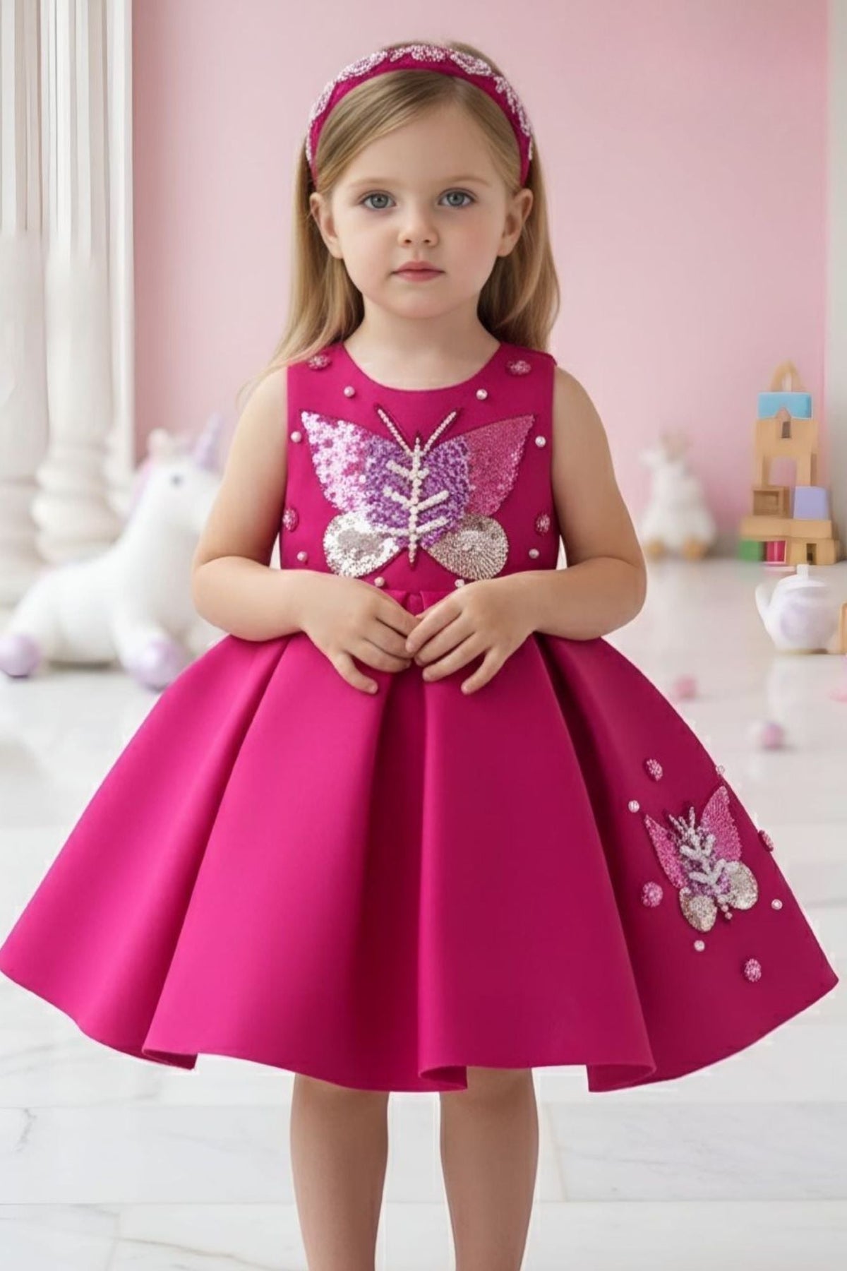 Baby Girls Rani Pink Butterfly Sequin Appliqué Party Wear Frock