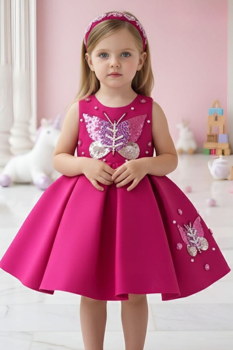Baby Girls Rani Pink Butterfly Sequin Appliqué Party Wear Frock