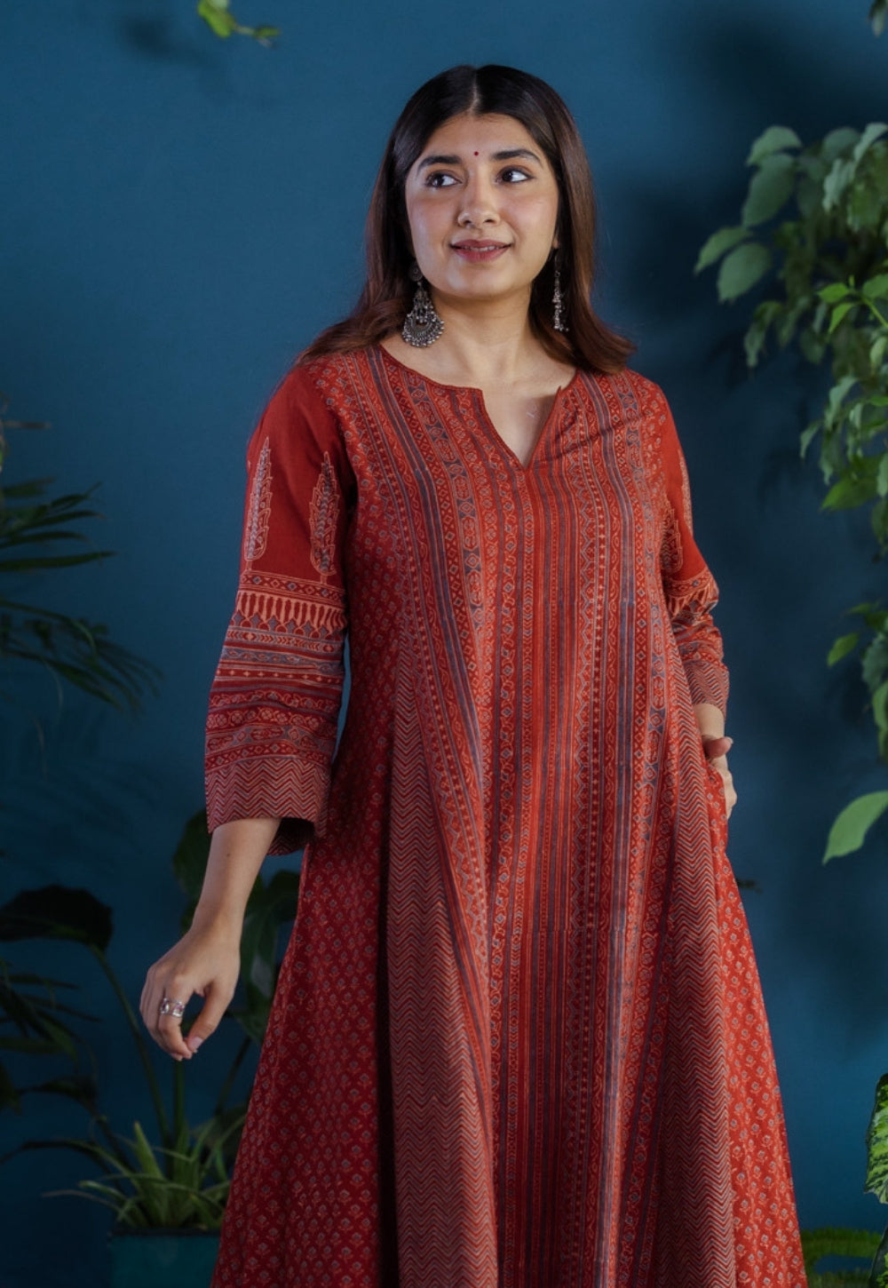 Pranika Red Ajrakh Cotton Kali Kurta with Hand Embroidery