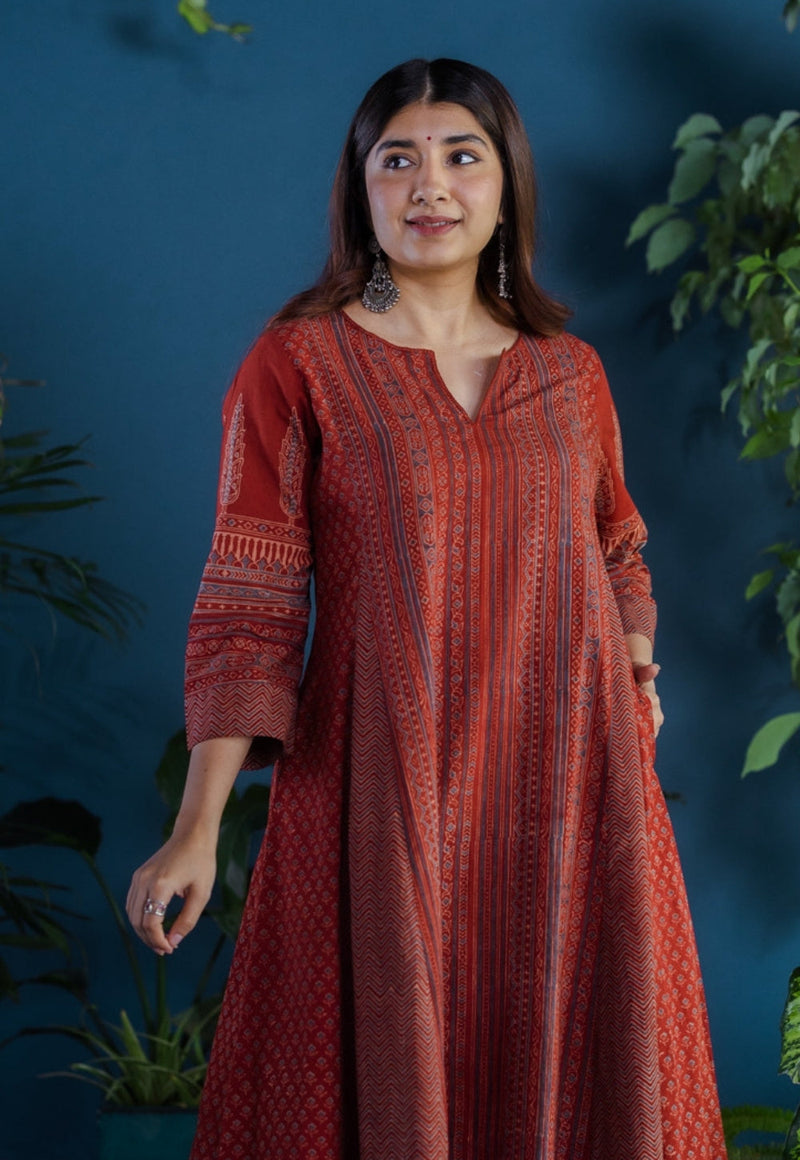 Pranika Red Ajrakh Cotton Kali Kurta with Hand Embroidery