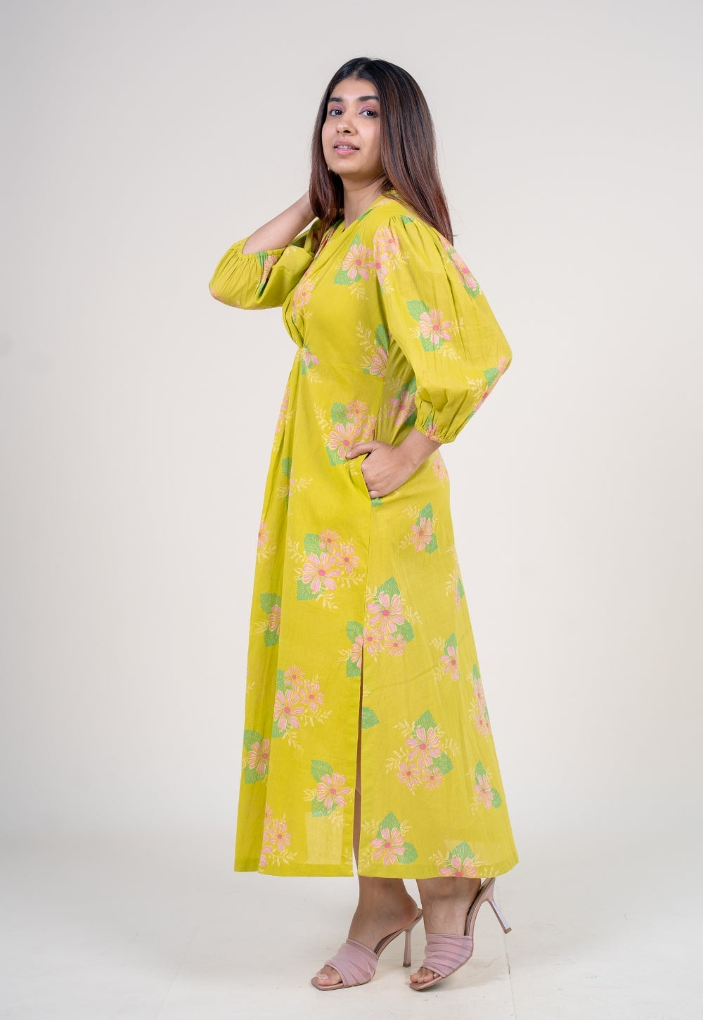 Payal Lime Green Printed Mul A Line Dress with Slip