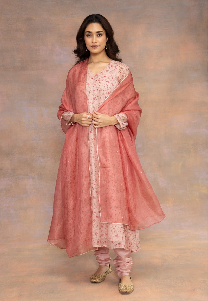Rose Pink Sanganeri Chanderi Silk Kali Kurta with Hand Embroidery