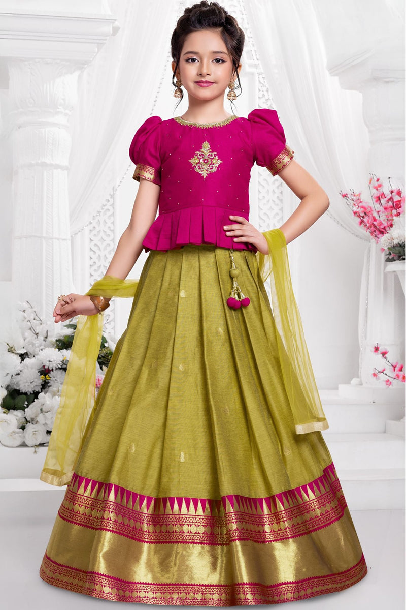 Olive Green And Rani Pink Traditional Pattu Pavadai Set with Dupatta for Girls