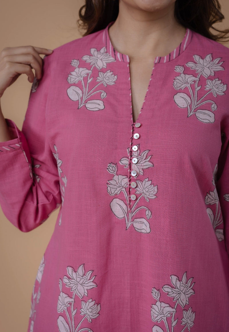 Eshika Pink Dabu Slub Cotton A Line Kurta