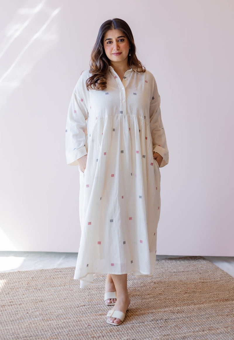 Rhea Off White Jamdani Handloom Cotton A Line Dress