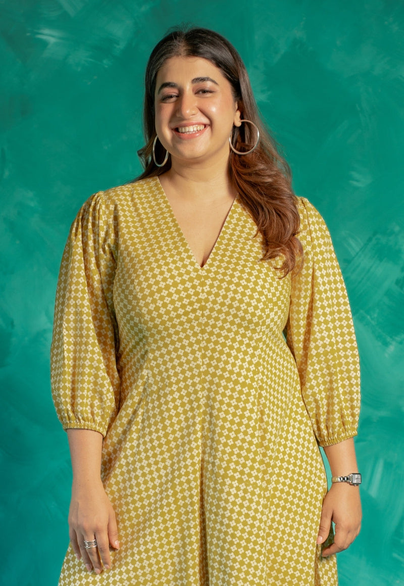 Eyza Yellow Bagru Cotton A Line Dress