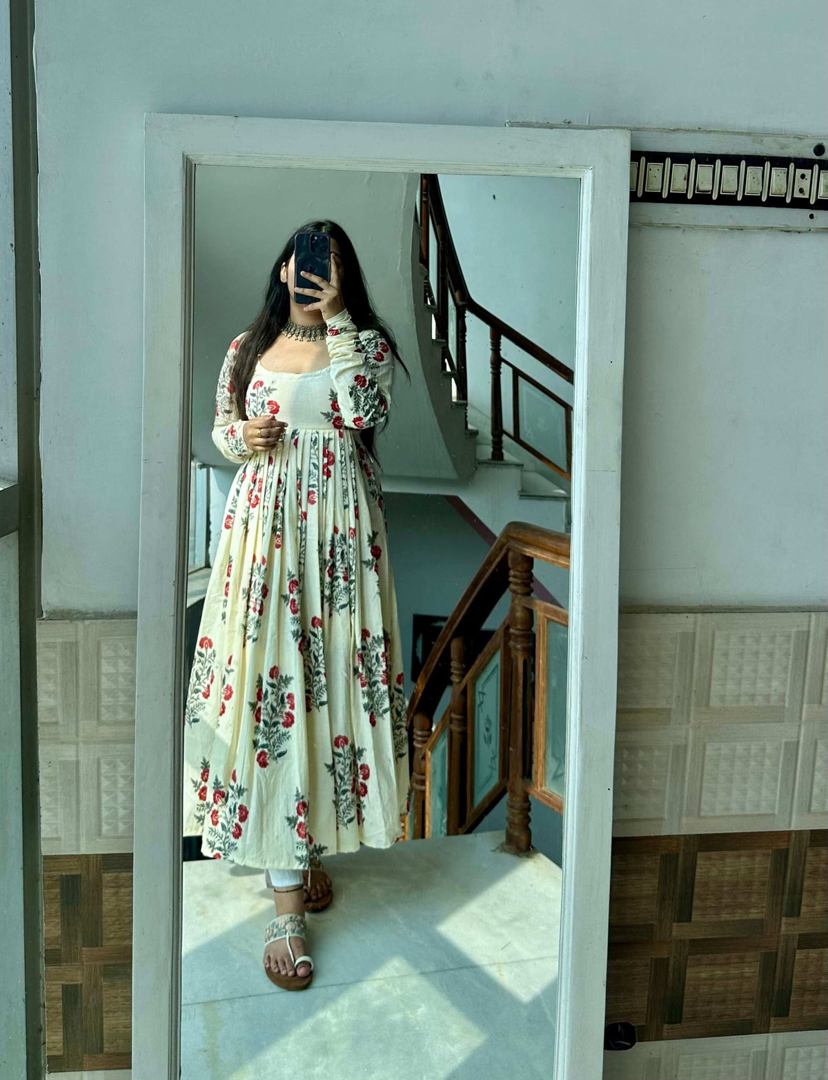 Beige Cotton Printed Reem Gher Kameez