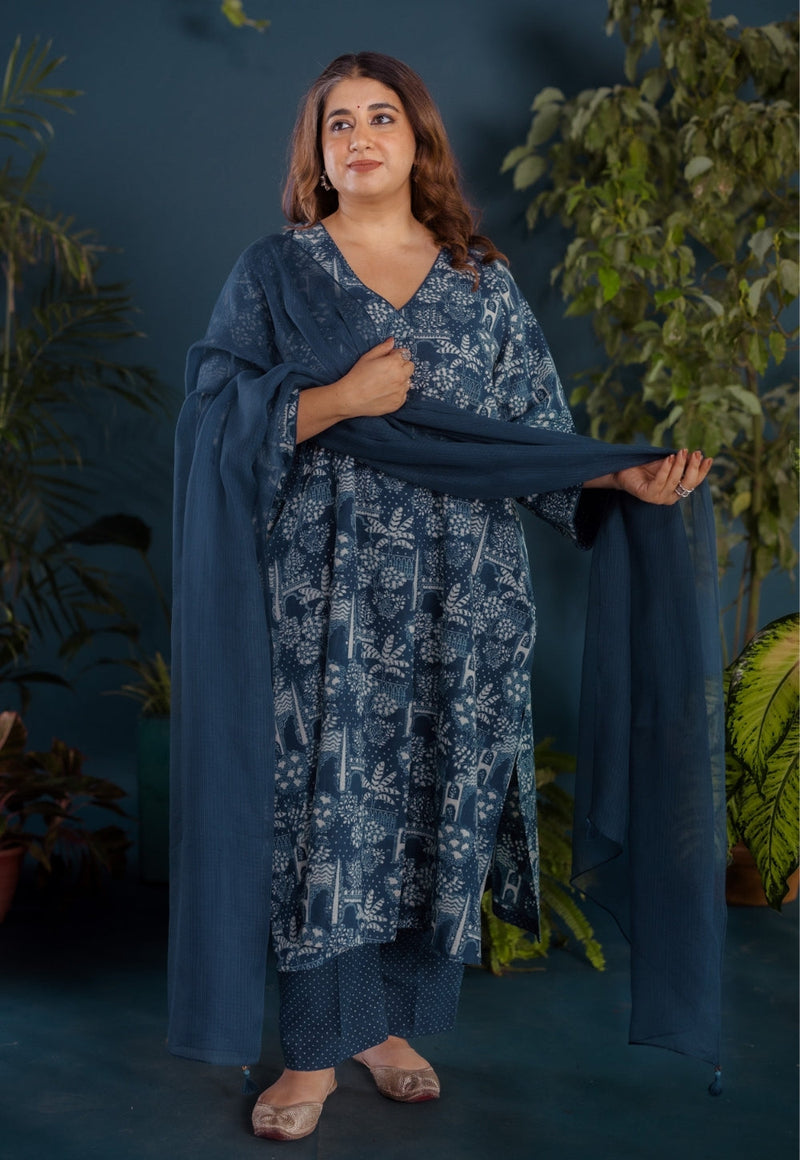 Megha Blue Ajrakh Cotton Straight Kurta