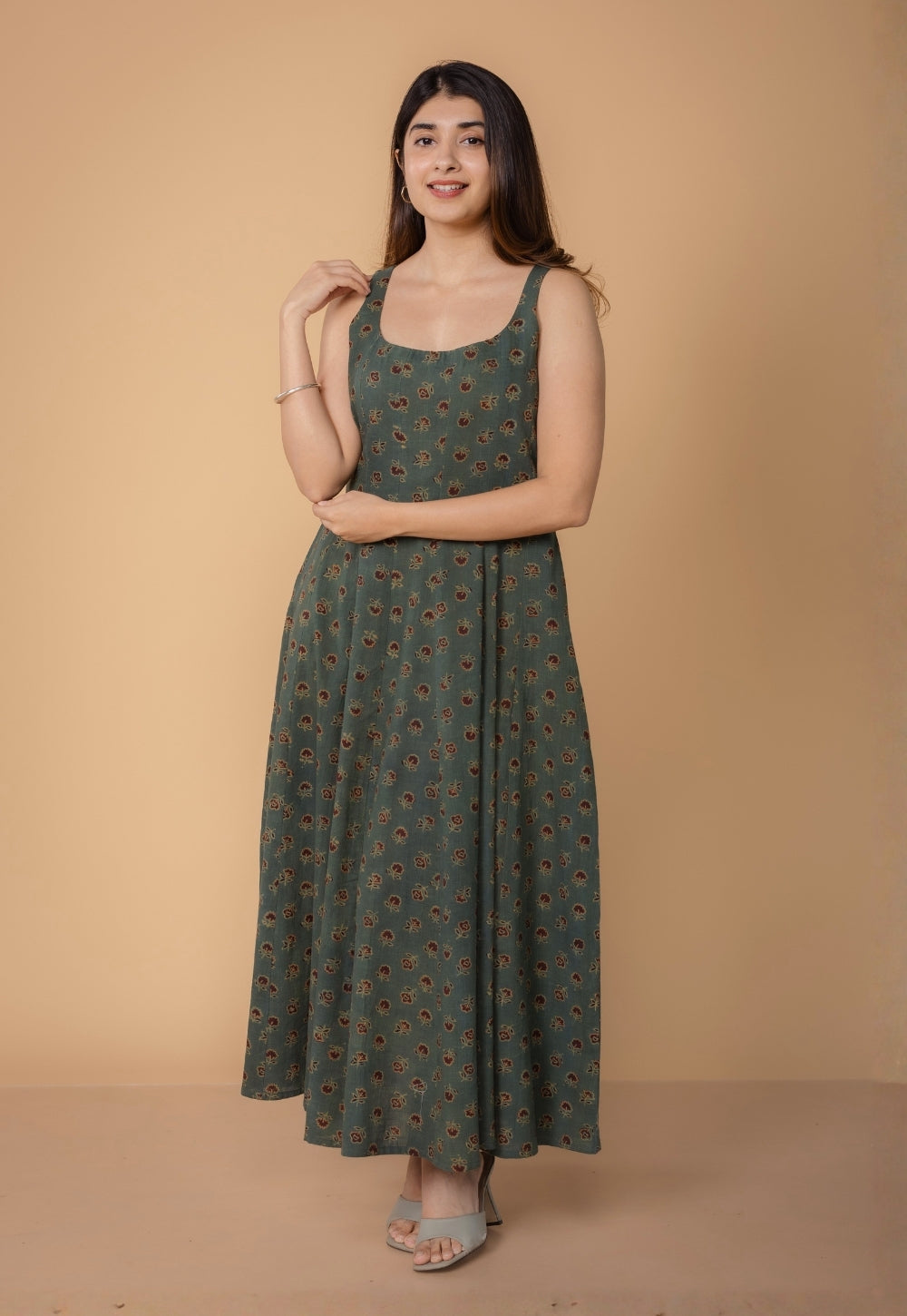 Jisha Green Dabu Slub Cotton A Line Dress