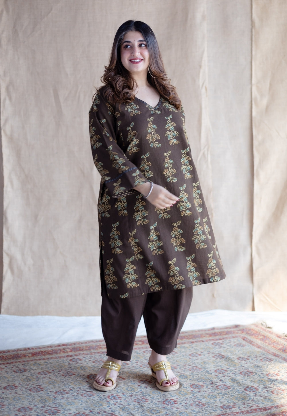Saisha Brown Ajrakh Cotton Jhabbha Kali Kurta with Hand Embroidery