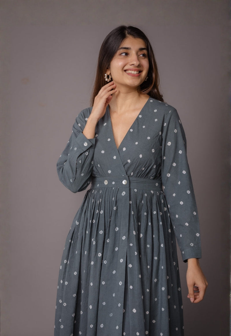 Kimaya Grey Bandhani Cotton A Line Dress