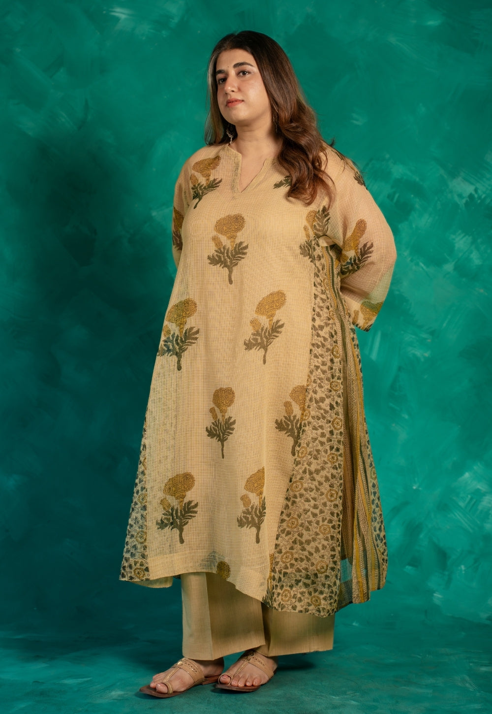 Nyra Beige Bagru Kota Doria Cotton Jhabbha Kali Kurta with Slip