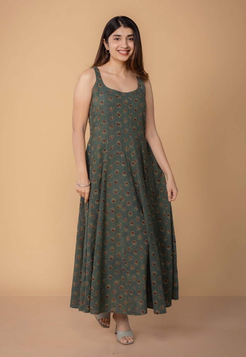 Jisha Green Dabu Slub Cotton A Line Dress