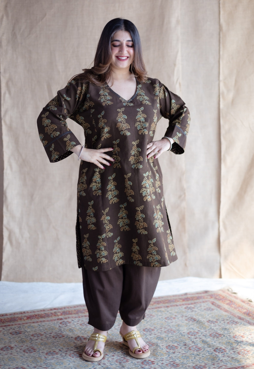 Saisha Brown Ajrakh Cotton Jhabbha Kali Kurta with Hand Embroidery