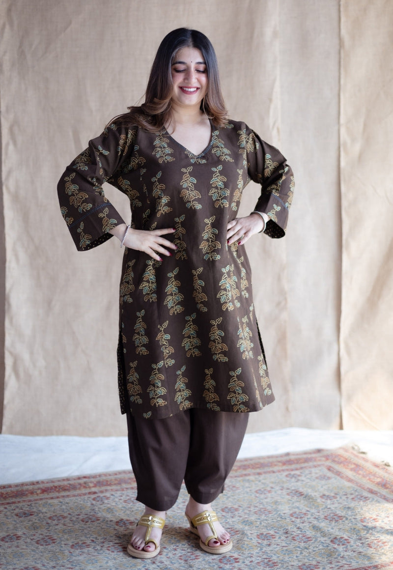 Saisha Brown Ajrakh Cotton Jhabbha Kali Kurta with Hand Embroidery