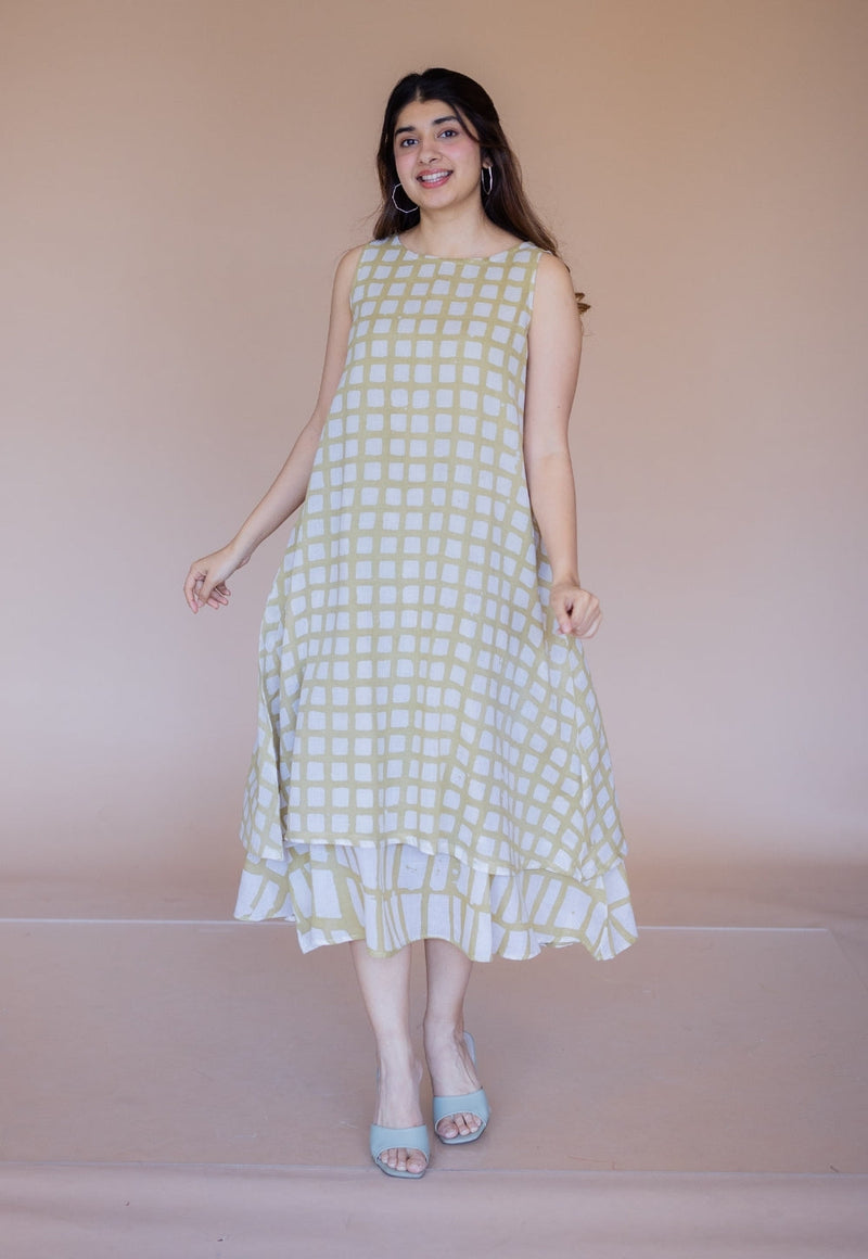 Asfia Green Batik MulMul A Line Dress with Slip
