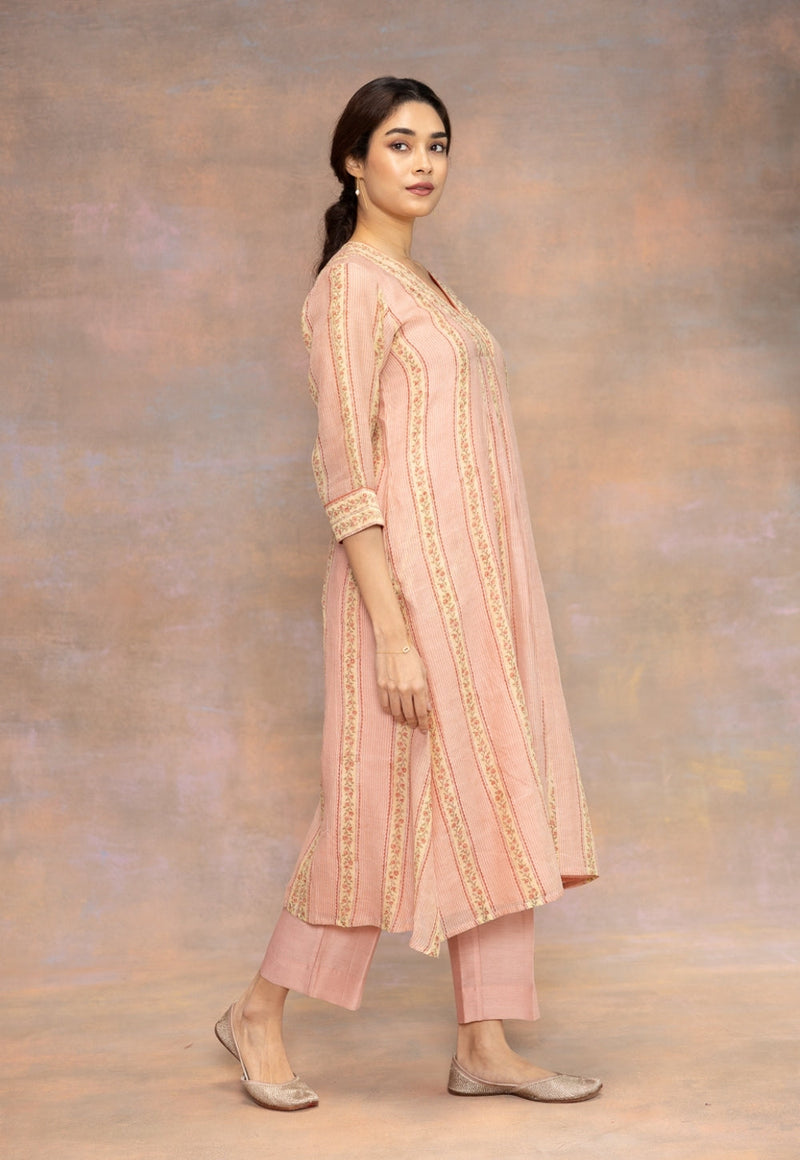 Rozhira Pink Sanganeri Chanderi Silk A Line Kurta with Lace Detailing