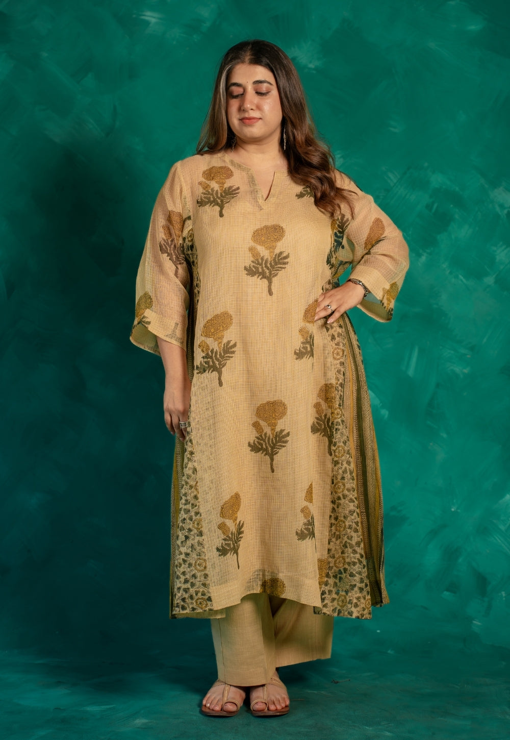 Nyra Beige Bagru Kota Doria Cotton Jhabbha Kali Kurta with Slip