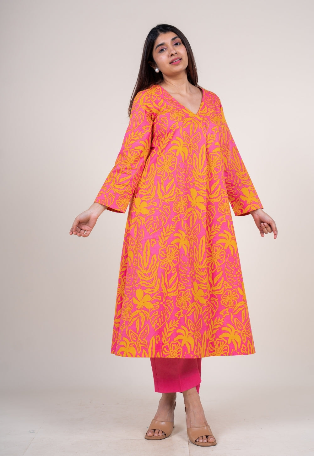 Raila Sunset Pink Printed Cotton Straight Kurta