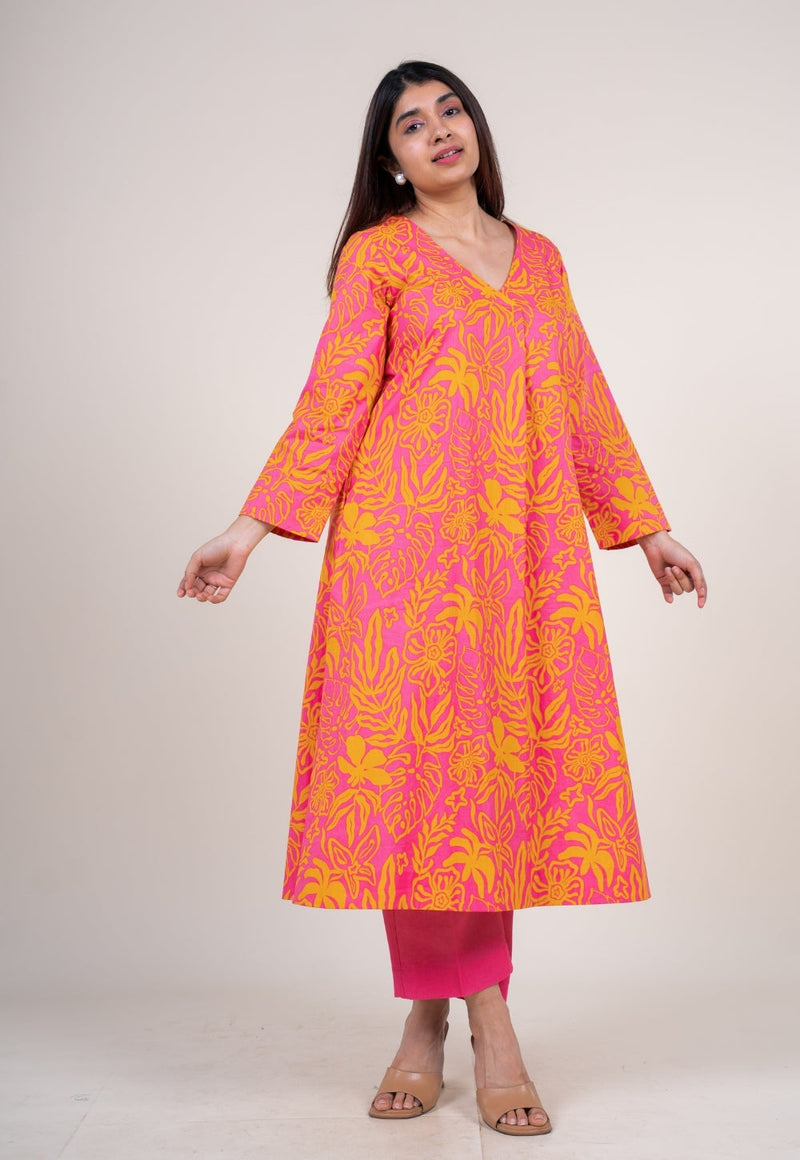 Raila Sunset Pink Printed Cotton Straight Kurta